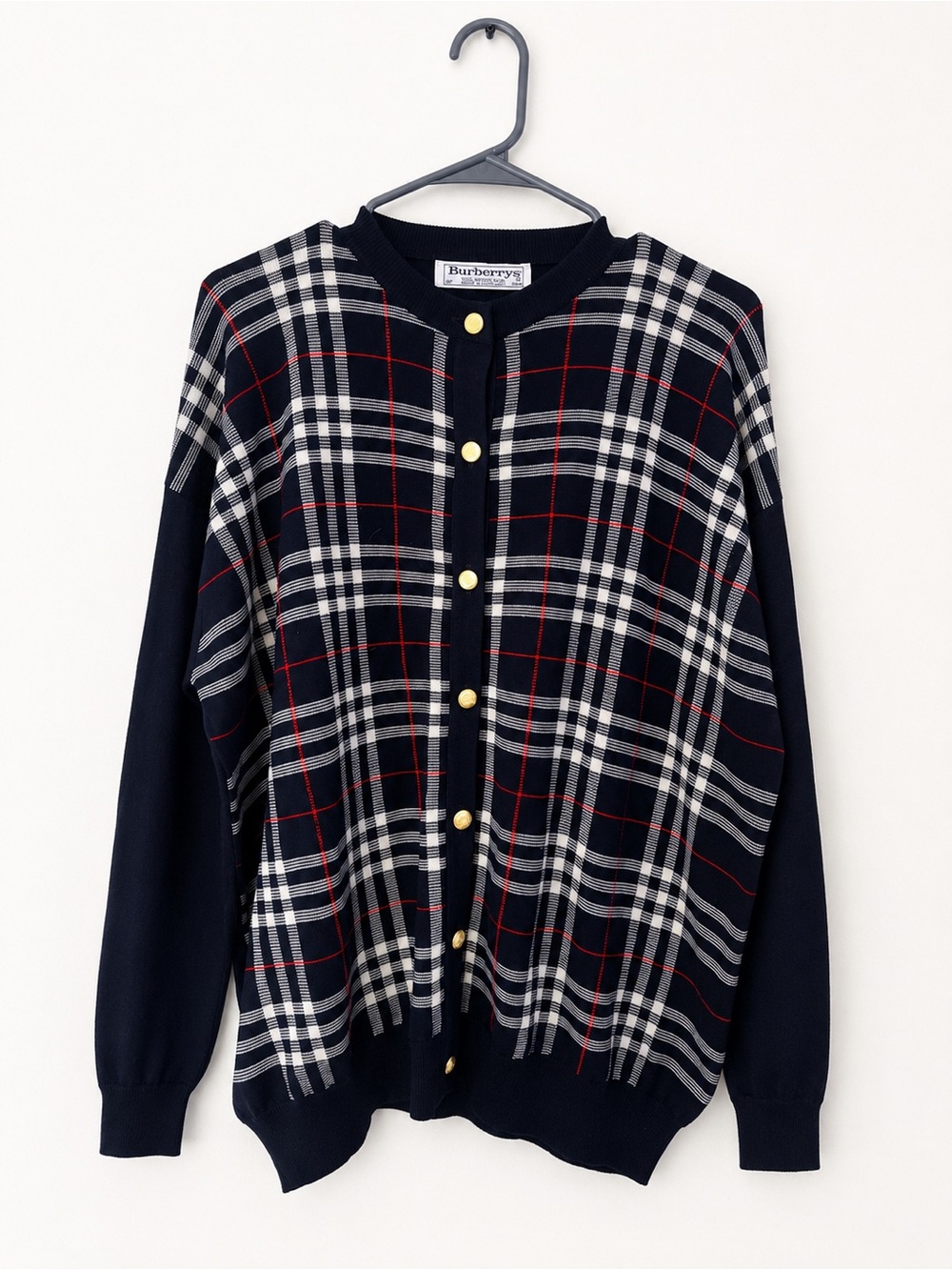 Burberry Navy Plaid Cardigan with Red and White Accents